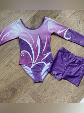Girls 3T Gymnastics Leotard Set Purple Sparkle + Shorts Dance